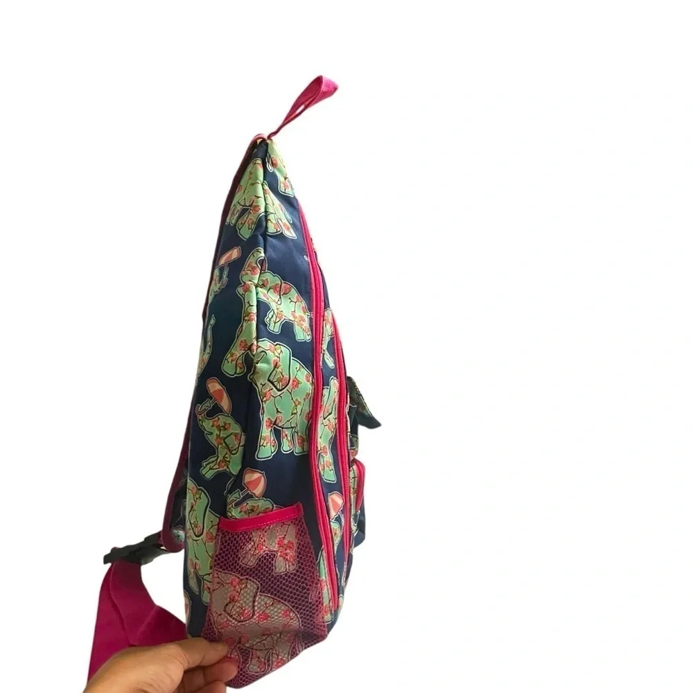 N.Gil Cute Elephant Print Sling Backpack Navy Pink Canvas Crossbody Travel Bag